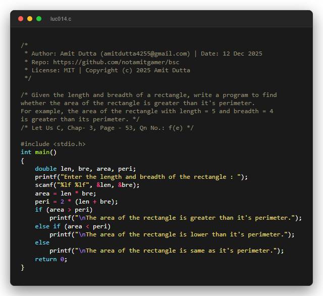 Given the length and breadth of a rectangle, write a program to find whether the area of the rectangle is greater than it's perimeter. For example, the area of the rectangle with length = 5 and breadth = 4 is greater than its perimeter.